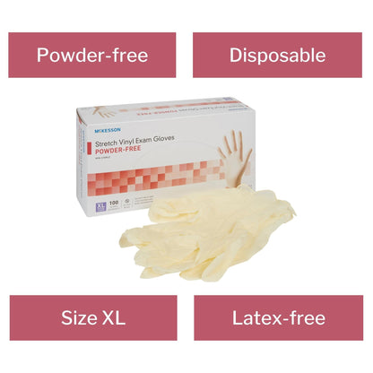 Exam Glove McKesson X-Large NonSterile Stretch Vinyl Standard Cuff Length Smooth Ivory Not Rated, Packaging Type- Box