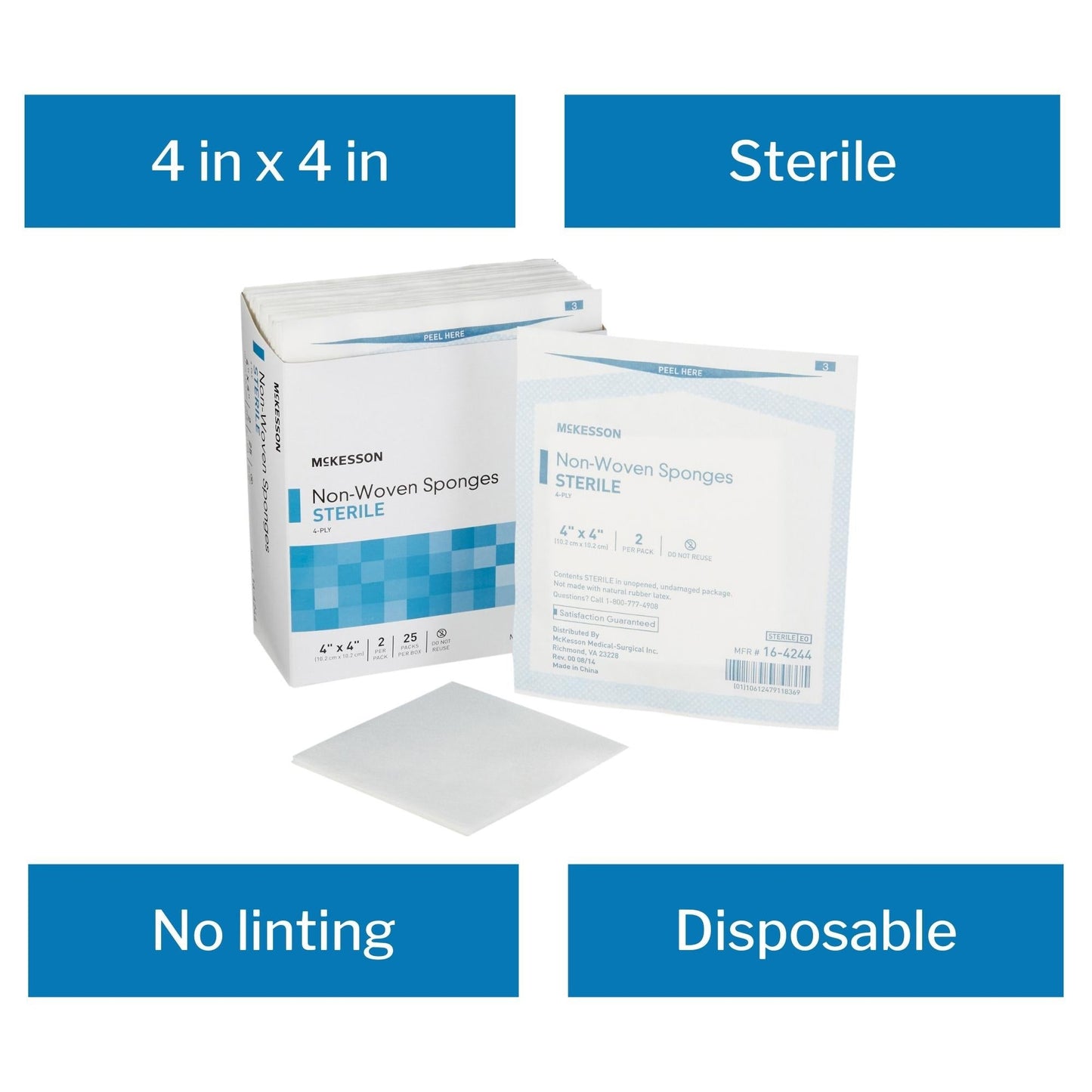 Nonwoven Sponge McKesson 4 X 4 Inch 4-Ply Sterile 2 per Pack, Packaging Type- Box