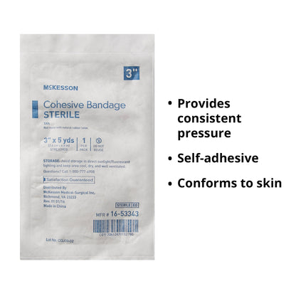 Cohesive Bandage McKesson 3 Inch X 5 Yard Self-Adherent Closure Tan Sterile Standard Compression, Packaging Type- Each