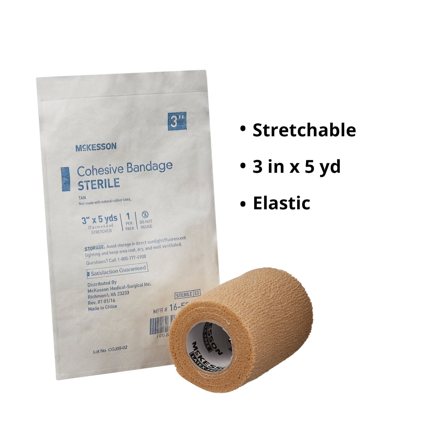 Cohesive Bandage McKesson 3 Inch X 5 Yard Self-Adherent Closure Tan Sterile Standard Compression, Packaging Type- Each