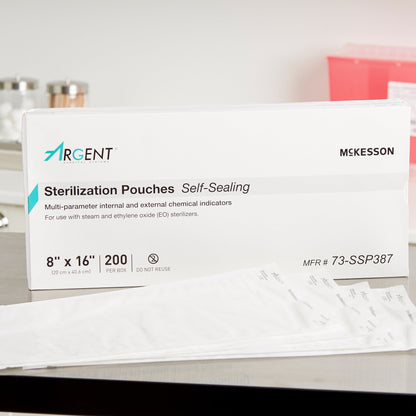 Sterilization Pouch McKesson Argent Sure-Check Ethylene Oxide (EO) Gas / Steam 8 X 16 Inch Transparent / Blue Self Seal Paper / Film, Packaging Type- Box