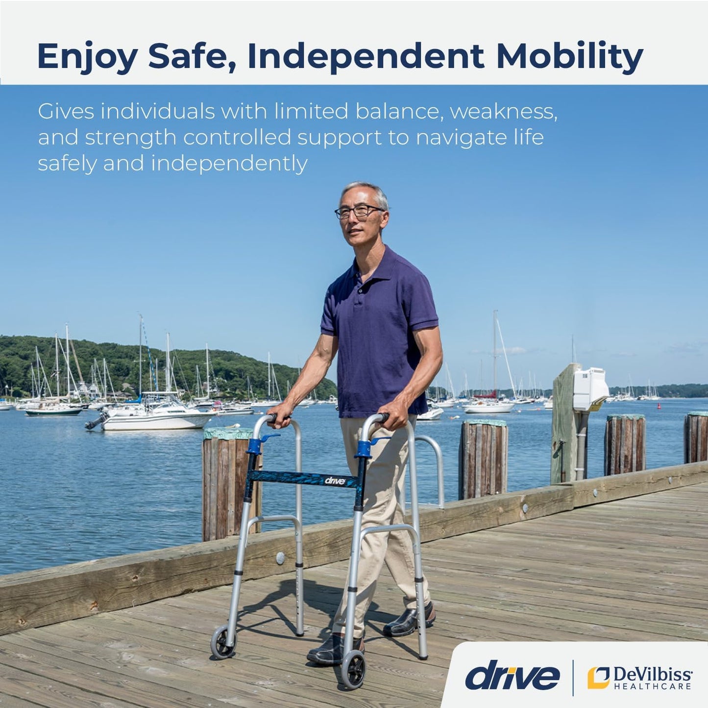 McKesson Dual Release Folding Walker Adjustable Height drive Aluminum Frame 350 lbs. Weight Capacity 32 to 39 Inch Height