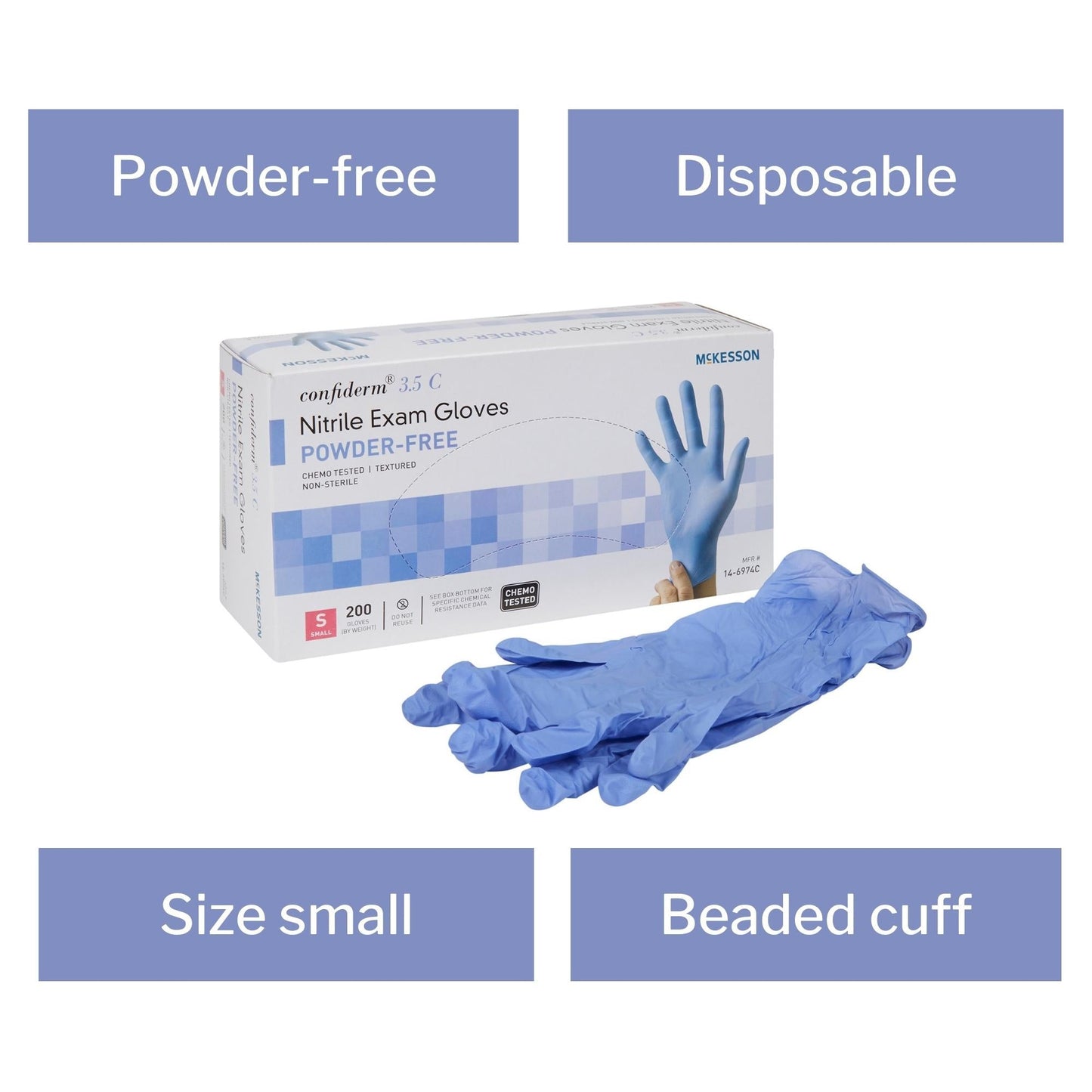 Exam Glove McKesson Confiderm 3.5C Small NonSterile Nitrile Standard Cuff Length Textured Fingertips Blue Chemo Tested, Packaging Type- Box