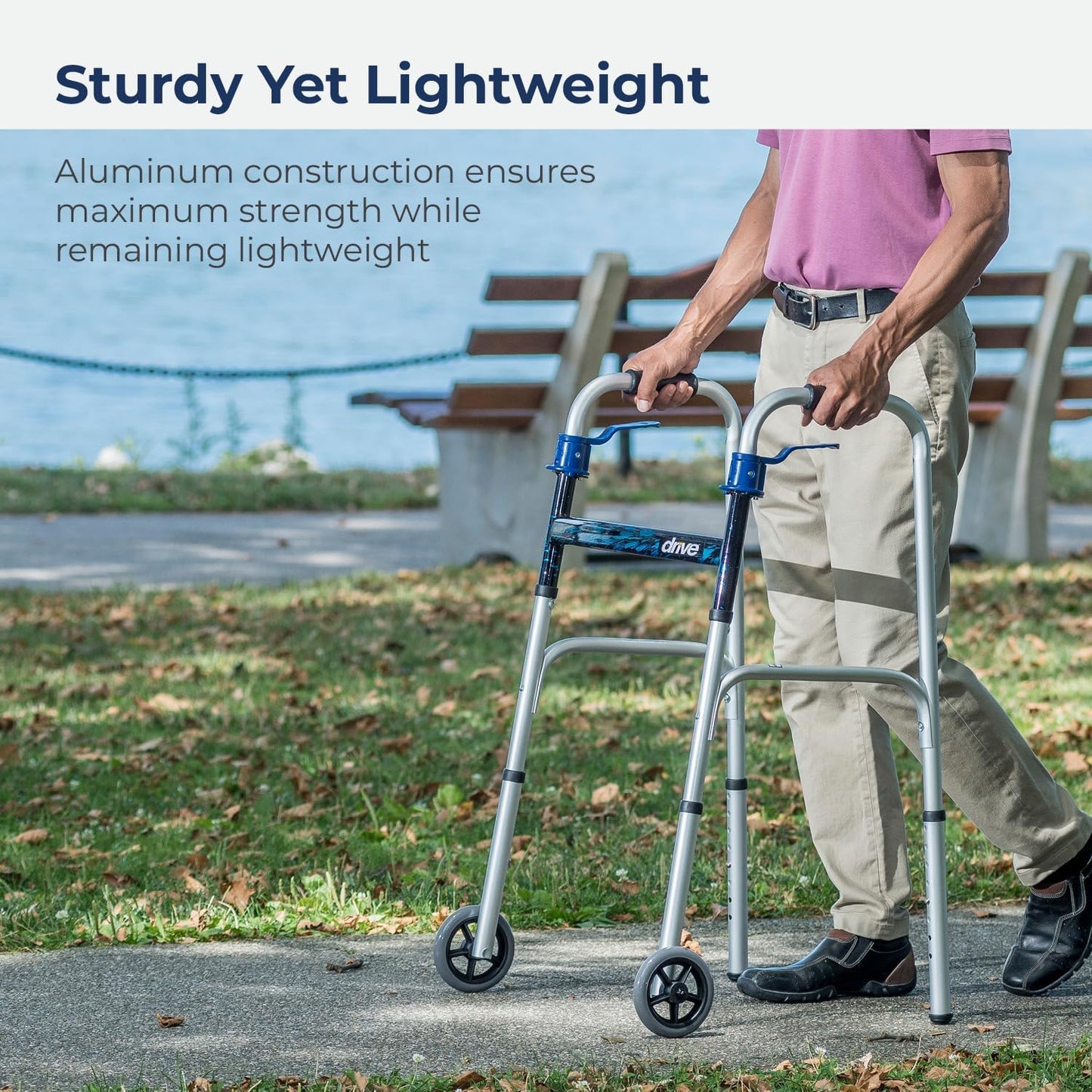 McKesson Dual Release Folding Walker Adjustable Height drive Aluminum Frame 350 lbs. Weight Capacity 32 to 39 Inch Height
