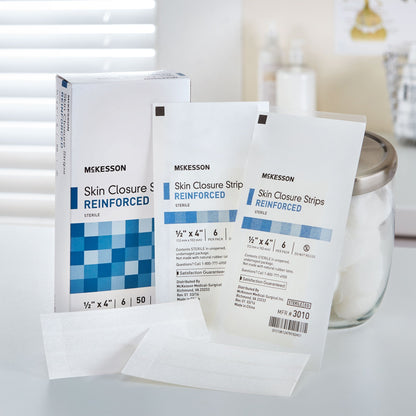 Skin Closure Strip McKesson 1/2 X 4 Inch Nonwoven Material Reinforced Strip White, Packaging Type- Box