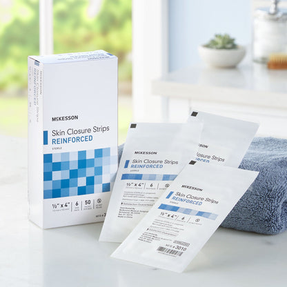 Skin Closure Strip McKesson 1/2 X 4 Inch Nonwoven Material Reinforced Strip White, Packaging Type- Box