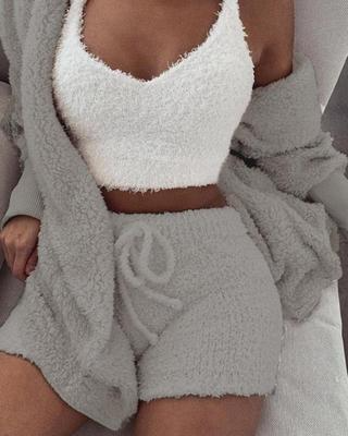 Veluxe 3-Piece Women’s Velvet Lounge Set – Long Sleeve Crop Top, Tank, & Drawstring Shorts