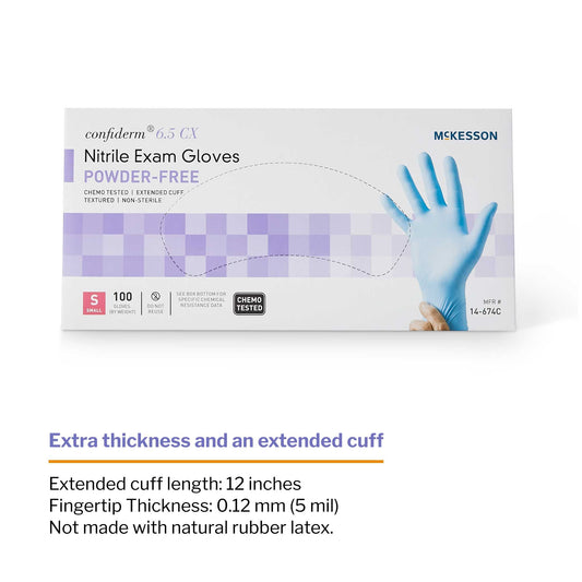 Exam Glove McKesson Confiderm 6.5CX Small NonSterile Nitrile Extended Cuff Length Textured Fingertips Blue Chemo Tested, Packaging Type- Box