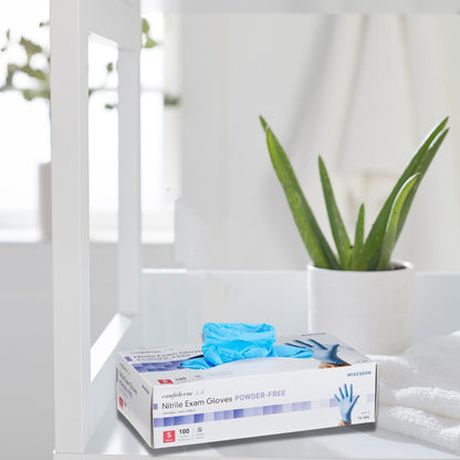 Exam Glove McKesson Confiderm 3.8 Small NonSterile Nitrile Standard Cuff Length Textured Fingertips Blue Not Rated, Packaging Type- Box