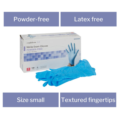 Exam Glove McKesson Confiderm 3.8 Small NonSterile Nitrile Standard Cuff Length Textured Fingertips Blue Not Rated, Packaging Type- Box