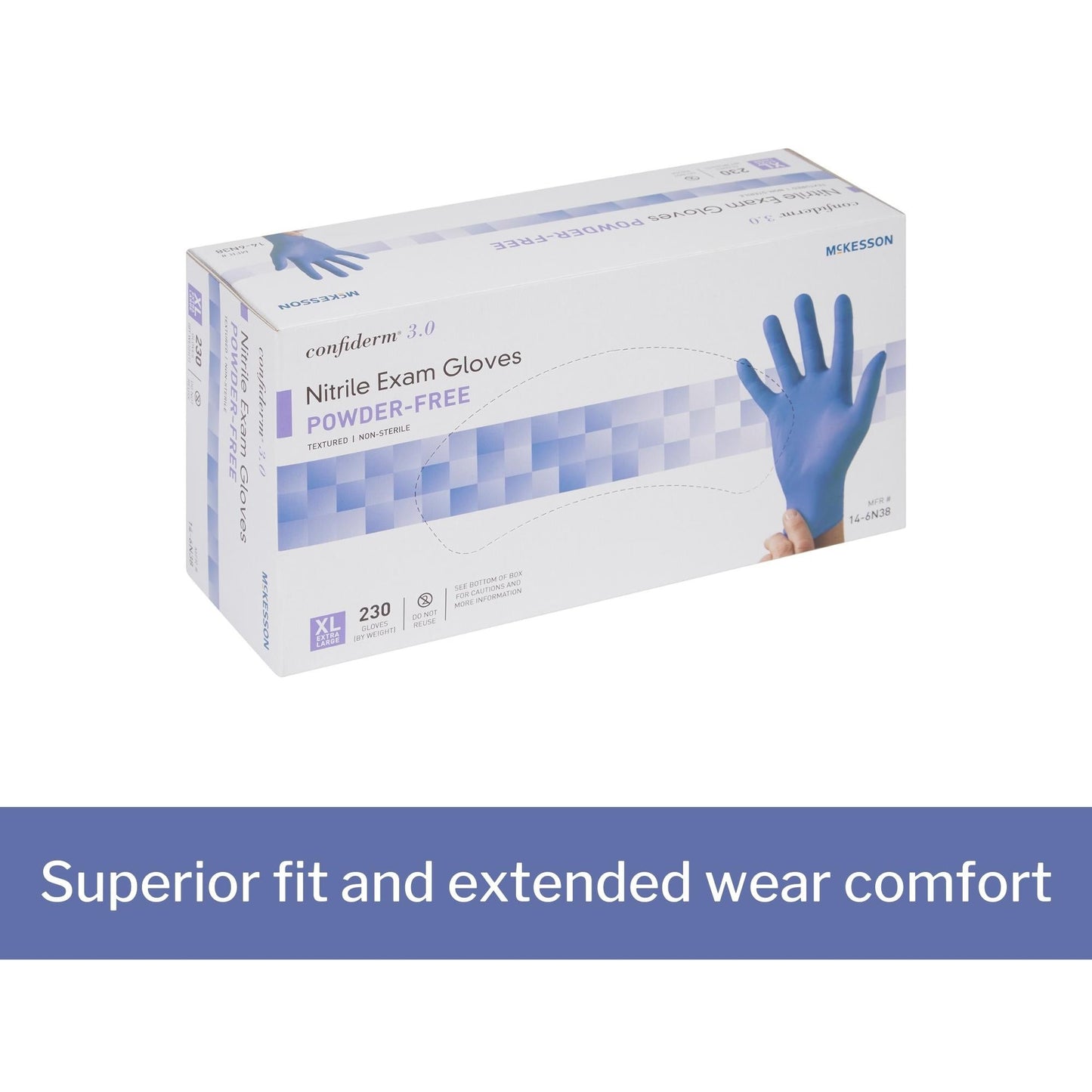 Exam Glove McKesson Confiderm 3.0 X-Large NonSterile Nitrile Standard Cuff Length Textured Fingertips Blue Not Rated, Packaging Type- Box