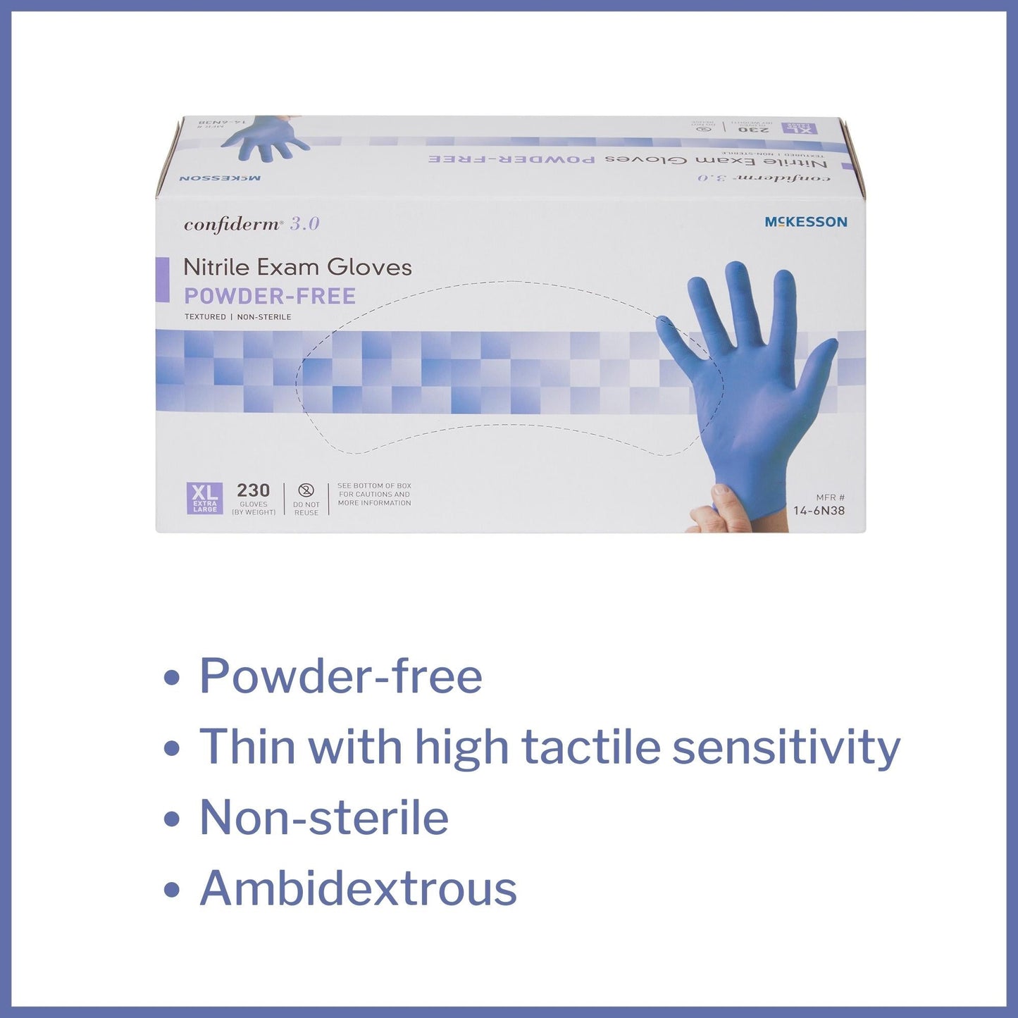 Exam Glove McKesson Confiderm 3.0 X-Large NonSterile Nitrile Standard Cuff Length Textured Fingertips Blue Not Rated, Packaging Type- Box