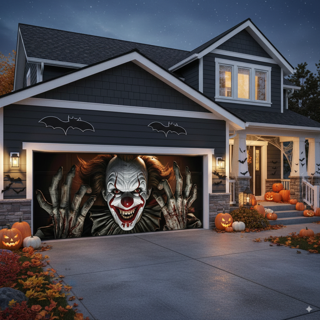 Large Horror Clown Garage Door Cover – 2D Evil Laughter Halloween Banner, Easy Install