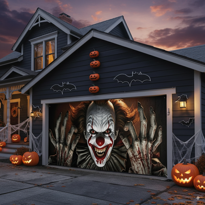 Large Horror Clown Garage Door Cover – 2D Evil Laughter Halloween Banner, Easy Install
