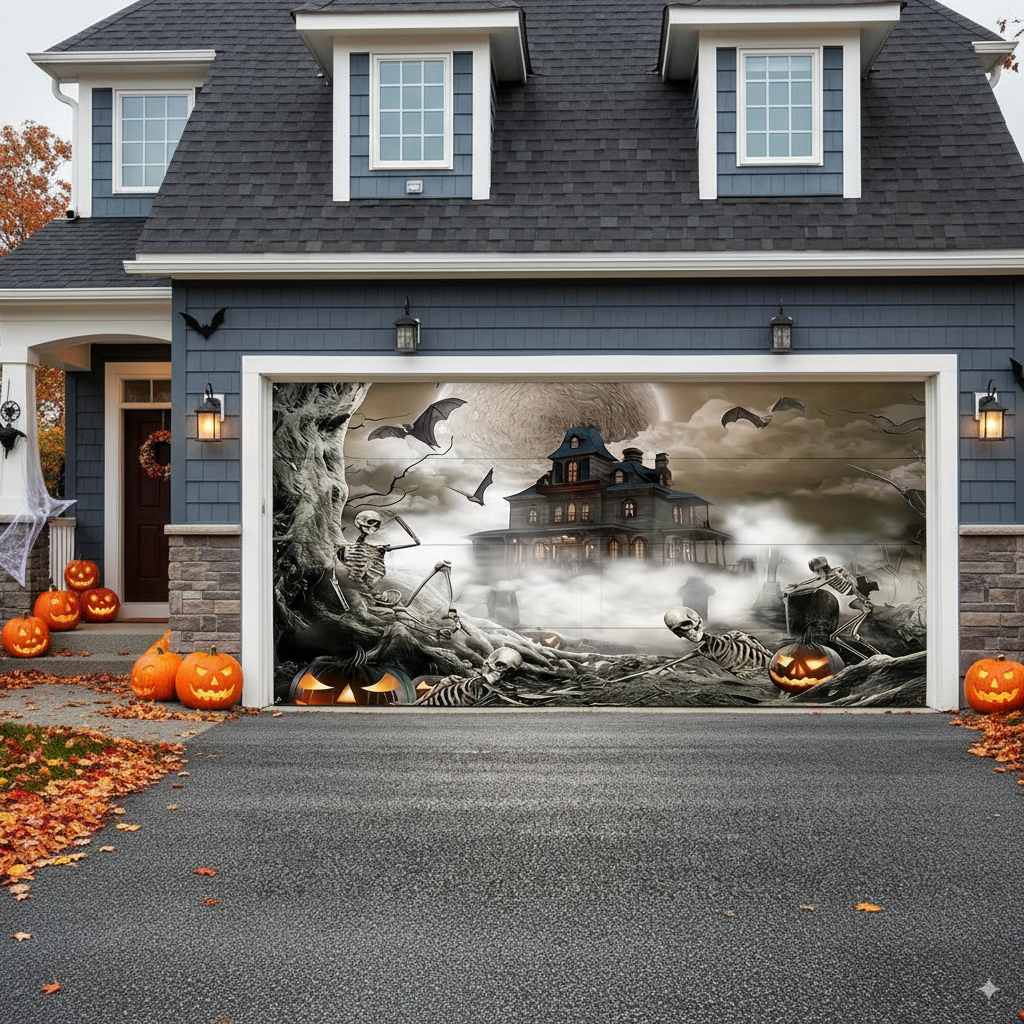 Ghost Halloween Garage Door Cover – Full Moon & Castle 2D Banner with Skull, Bat, Pumpkin Scene