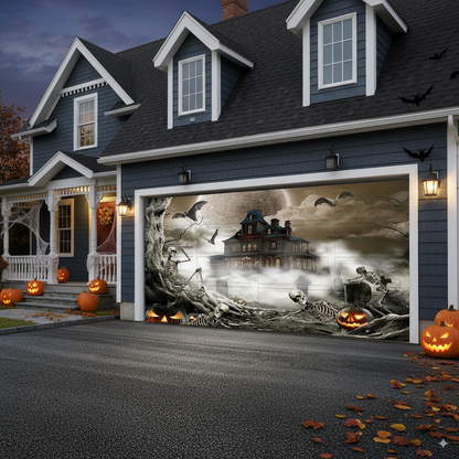 Ghost Halloween Garage Door Cover – Full Moon & Castle 2D Banner with Skull, Bat, Pumpkin Scene