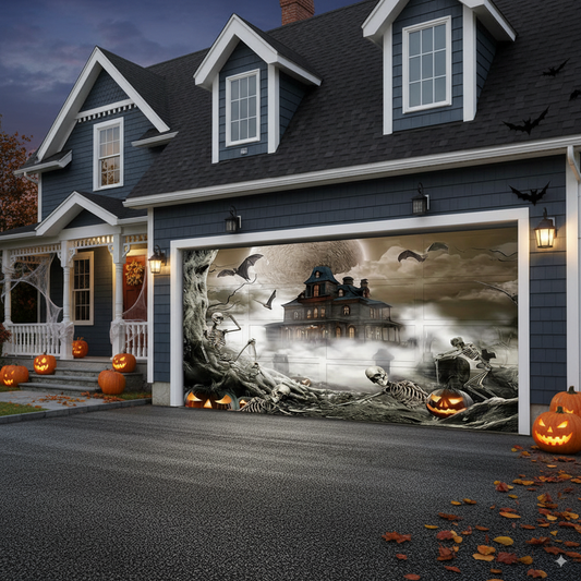 Ghost Halloween Garage Door Cover – Full Moon & Castle 2D Banner with Skull, Bat, Pumpkin Scene
