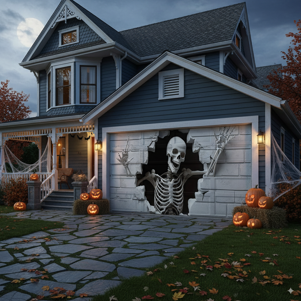 Skeleton Brick Wall Garage Door Banner – Halloween Skeleton Garage Cover