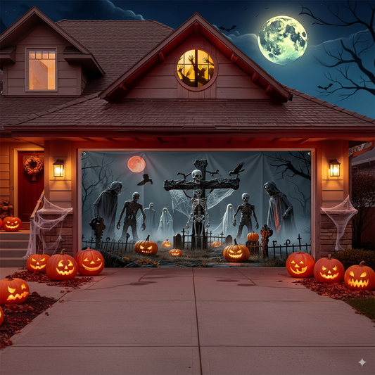 Ghost & Skull Pumpkin Halloween Garage Door Banner – Polyester Outdoor Cover with Bat Design