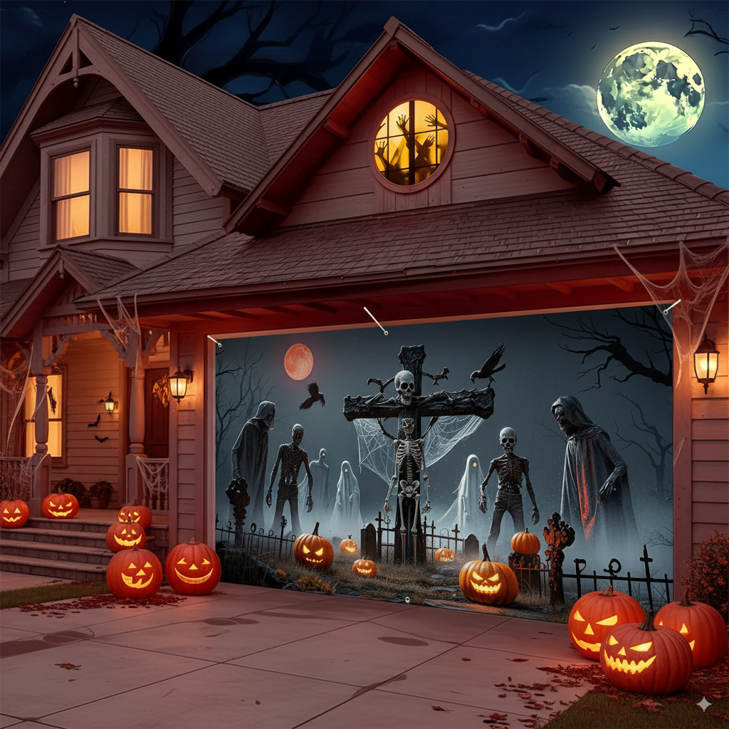 Ghost & Skull Pumpkin Halloween Garage Door Banner – Polyester Outdoor Cover with Bat Design