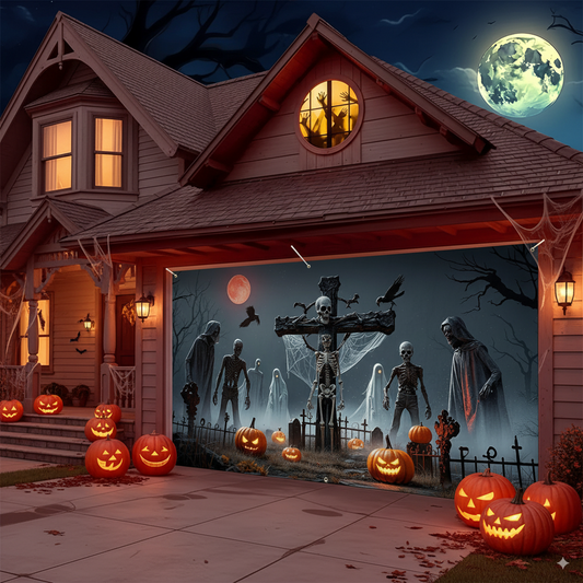 Ghost & Skull Pumpkin Halloween Garage Door Banner – Polyester Outdoor Cover with Bat Design