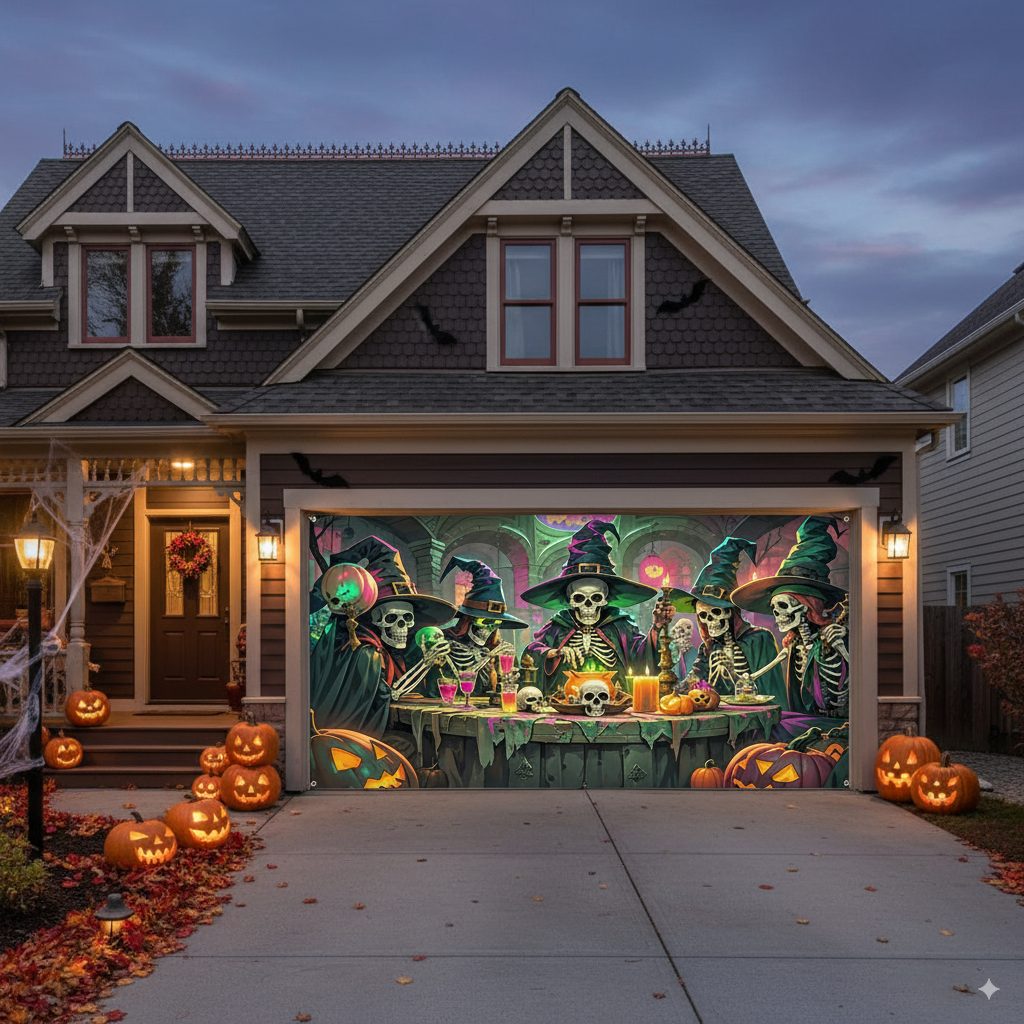 Witch Skull Garage Door Banner – Haunted Halloween Polyester Cover with Witch & Skull Scene