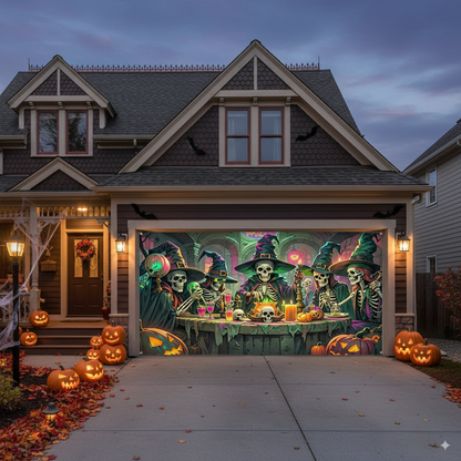 Witch Skull Garage Door Banner – Haunted Halloween Polyester Cover with Witch & Skull Scene