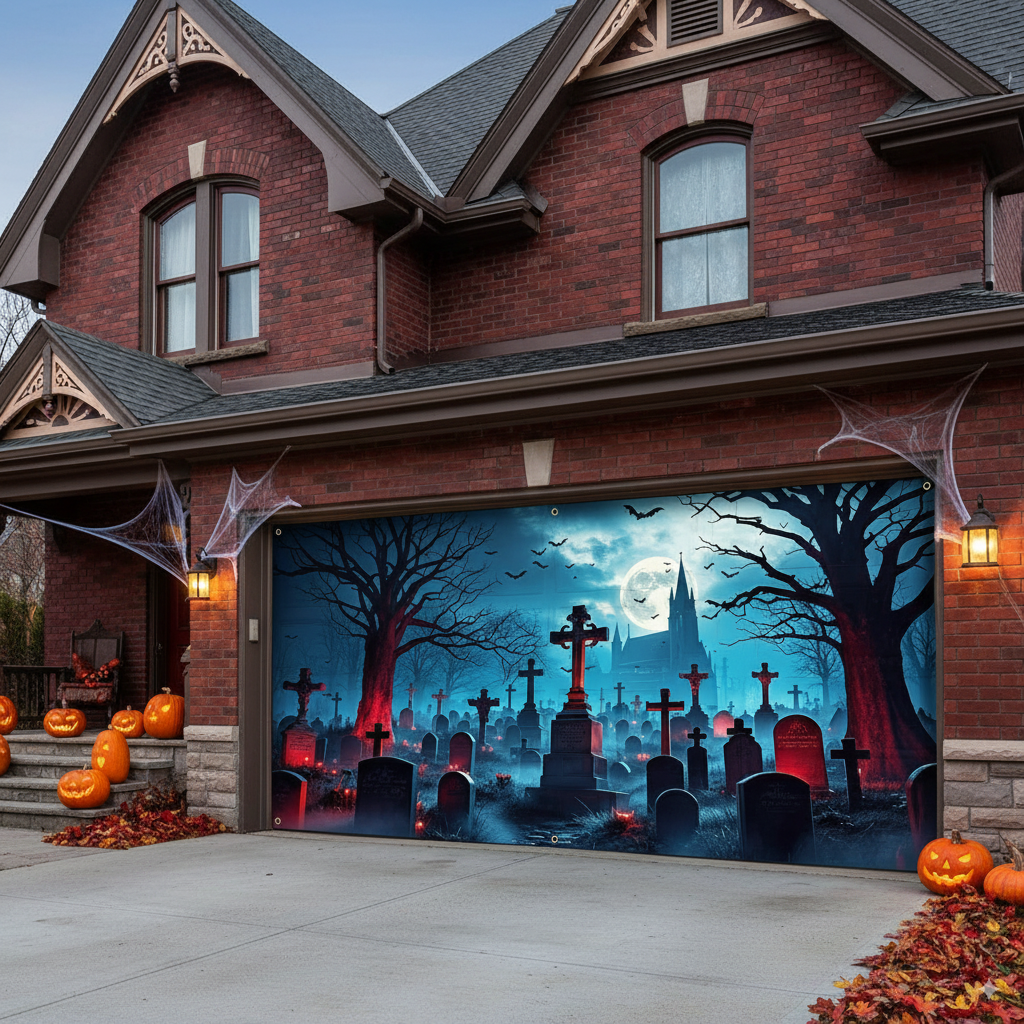 Haunted Castle & Cemetery Halloween Garage Door Banner – Polyester Full Moon, Bats & Cross Scene