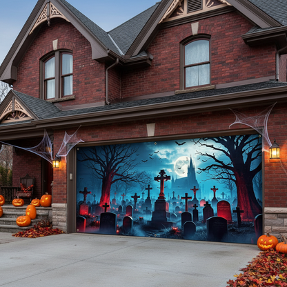 Haunted Castle & Cemetery Halloween Garage Door Banner – Polyester Full Moon, Bats & Cross Scene