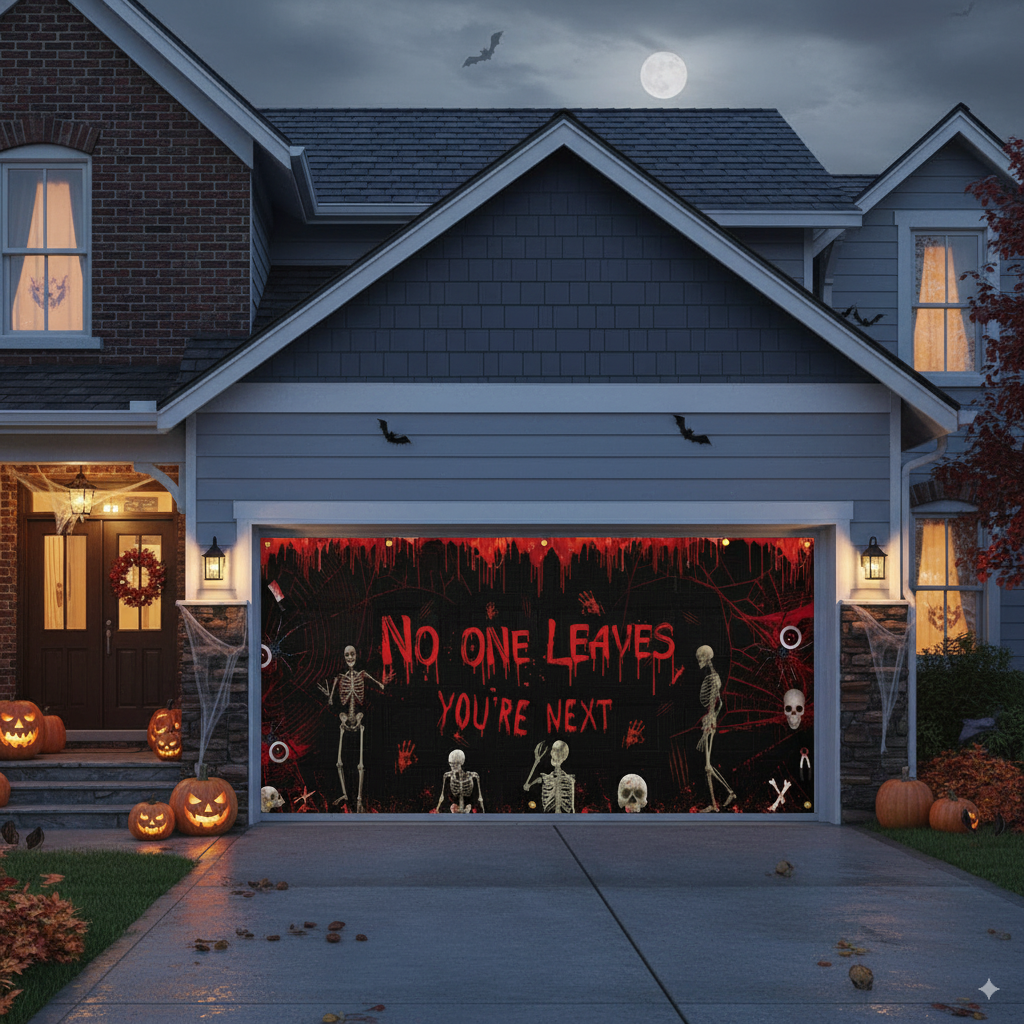 Bloody Footprint & Handprint Halloween Garage Door Banner – Horrific Bloody Background, Polyester Horror Cover