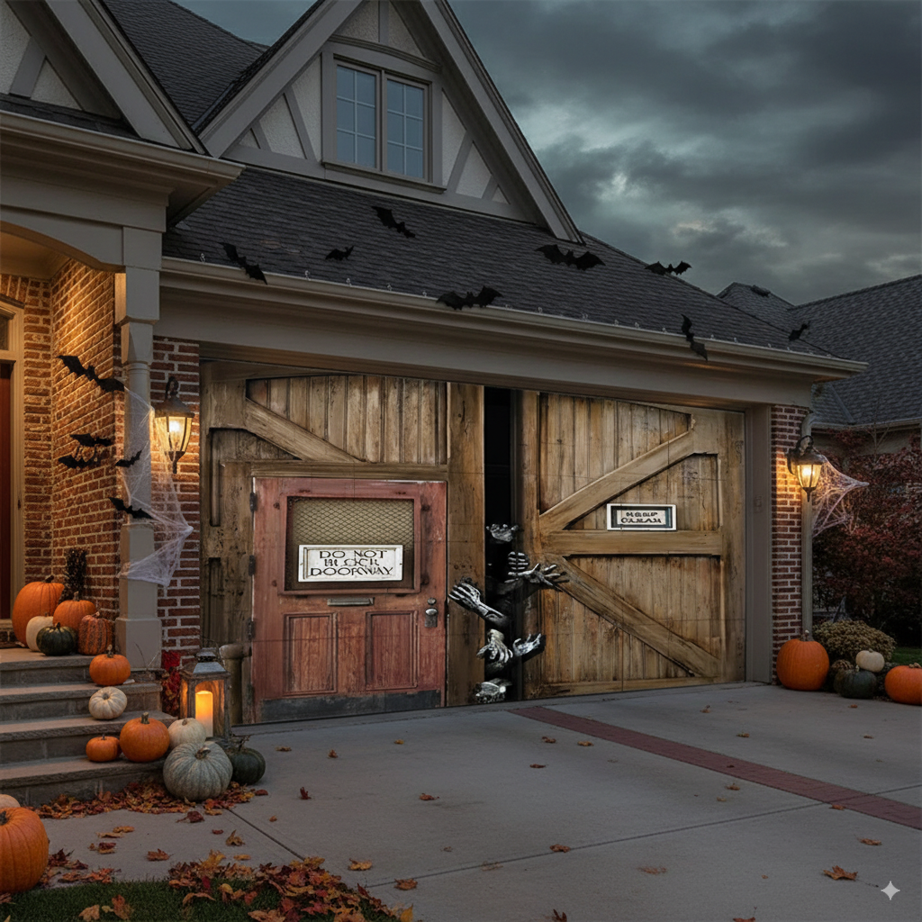 Flat Horror Wood Room Halloween Garage Door Banner – Spooky Indoor/Outdoor Cover, No Power Needed
