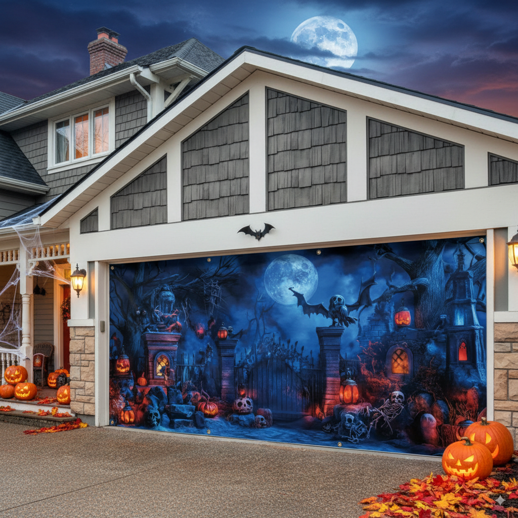 Haunting Skull & Dead Tree Halloween Garage Banner – Vibrant Polyester with Jack-o-Lantern Decor