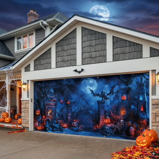 Haunting Skull & Dead Tree Halloween Garage Banner – Vibrant Polyester with Jack-o-Lantern Decor