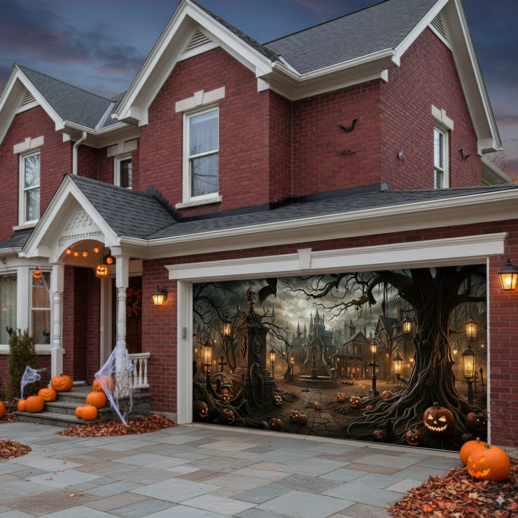 Haunted Forest Haunted Halloween Garage Door Banner – Pumpkin & Bat Scene, Durable Polyester Cover