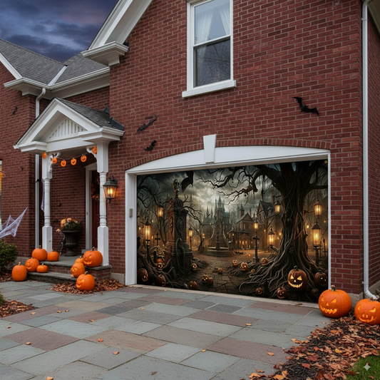 Haunted Forest Haunted Halloween Garage Door Banner – Pumpkin & Bat Scene, Durable Polyester Cover