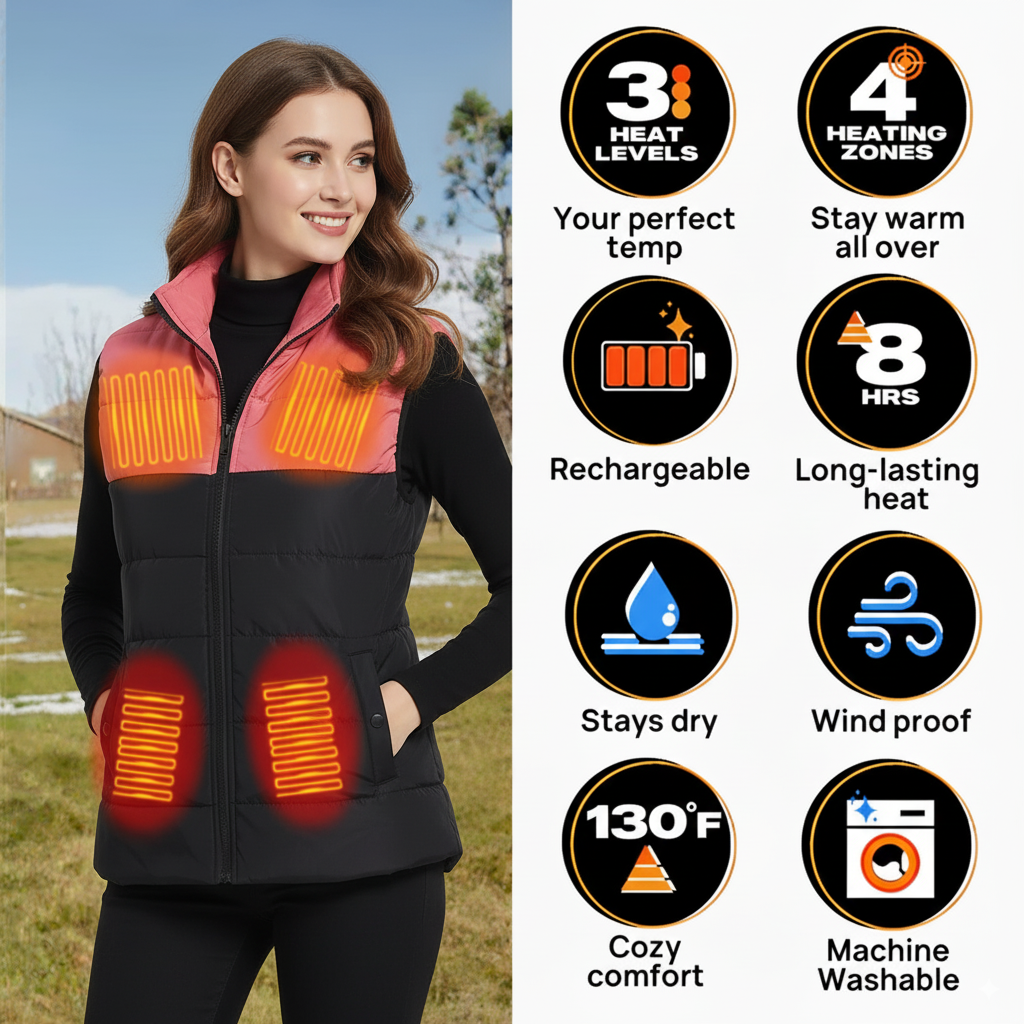 Women’s Heated Vest – Electric Winter Warm Jacket, 9 Heating Zones