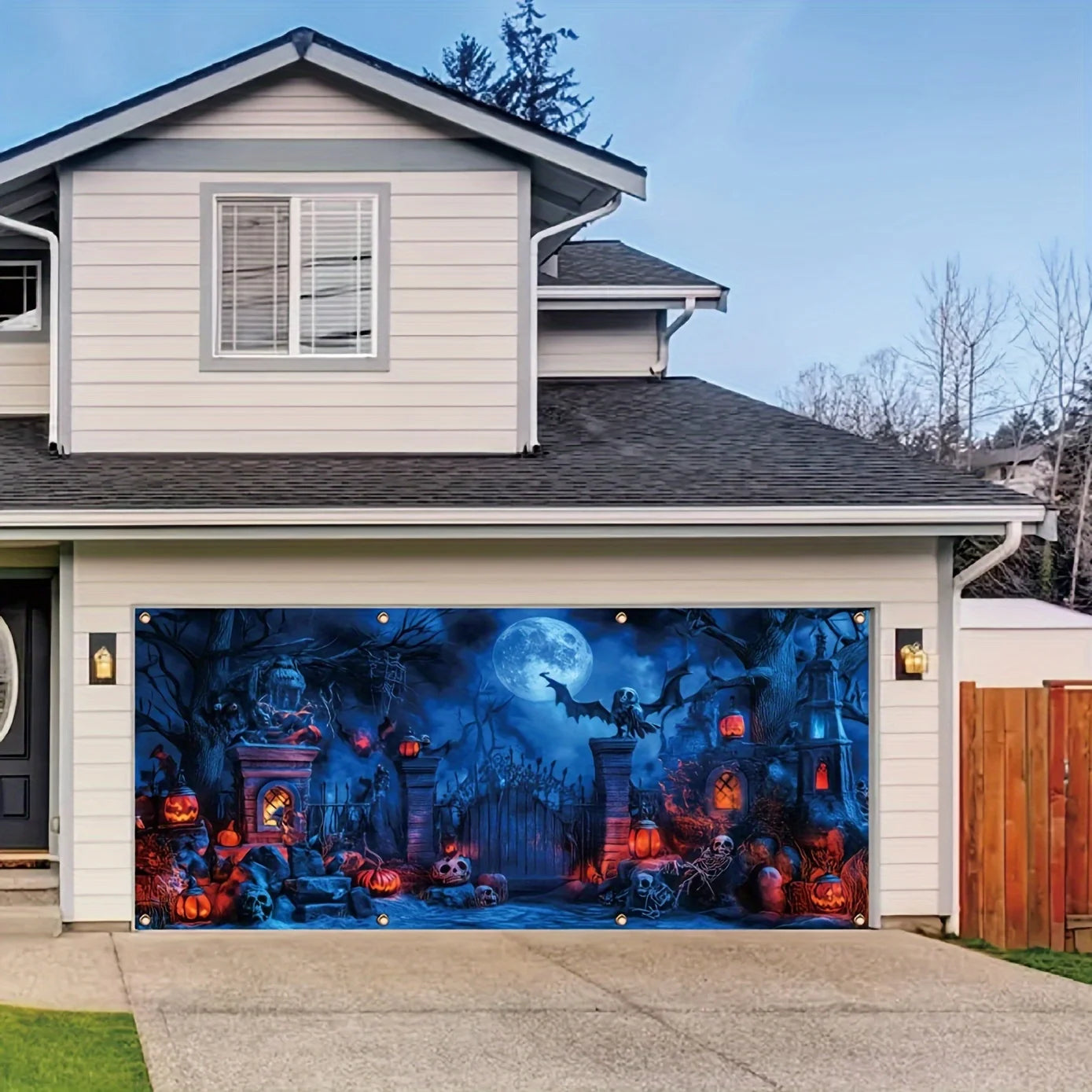 Haunting Skull & Dead Tree Halloween Garage Banner – Vibrant Polyester with Jack-o-Lantern Decor