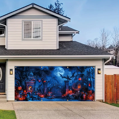 Haunting Skull & Dead Tree Halloween Garage Banner – Vibrant Polyester with Jack-o-Lantern Decor