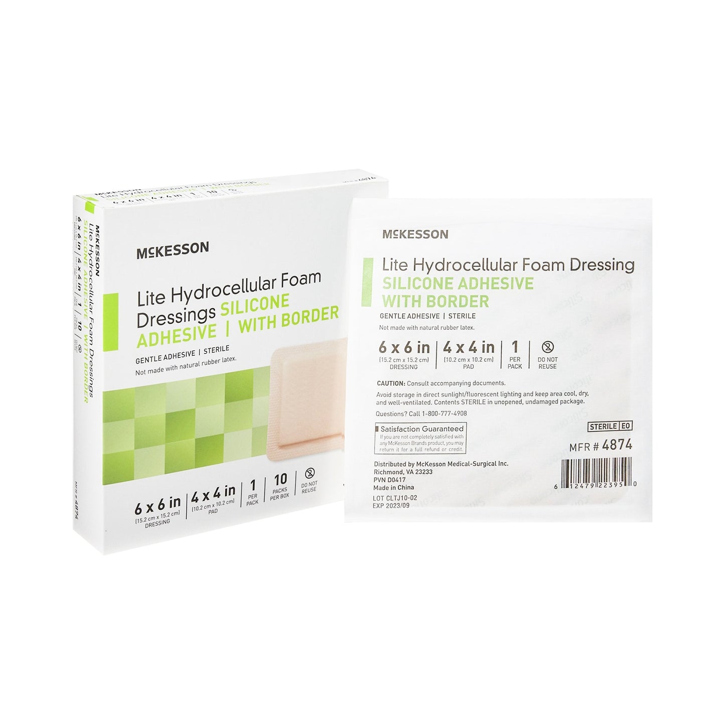 Thin Foam Dressing McKesson Lite 6 X 6 Inch With Border Film Backing Silicone Gel Adhesive Square Sterile,  Packaging Type- Box
