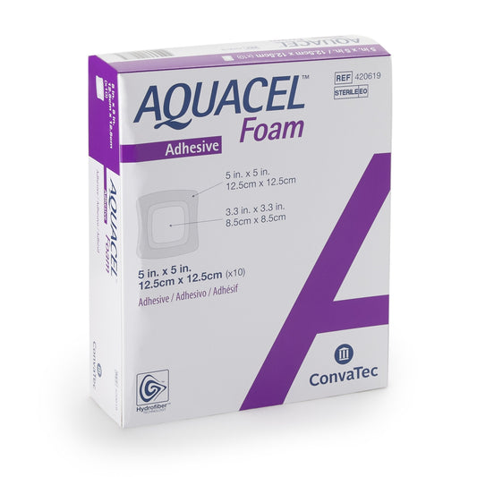 Foam Dressing Aquacel 5 X 5 Inch With Border Waterproof Film Backing Silicone Adhesive Square Sterile, Packaging Type- Each