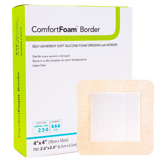Foam Dressing ComfortFoam™ Border 4 X 4 Inch With Border Waterproof Backing Silicone Adhesive Square Sterile,  Packaging Type- Each