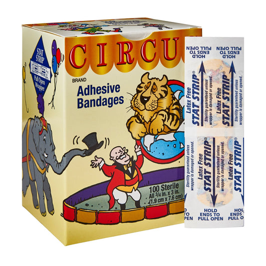 Adhesive Strip American White Cross Stat Strip 3/4 X 3 Inch Fabric Rectangle Kid Design (Circus) Sterile, Packaging Type- Box