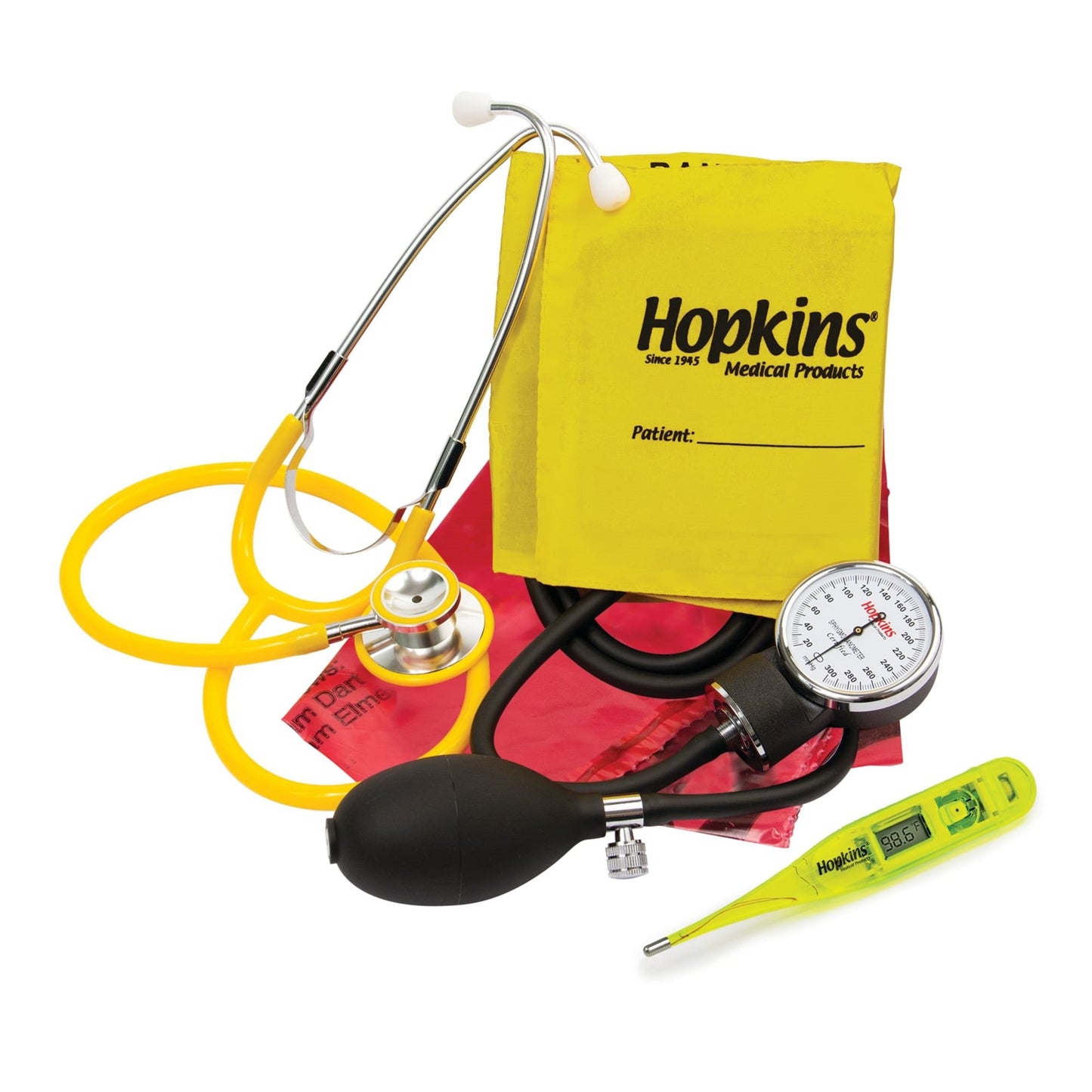 Single Patient Use Vital Signs Kit with thermometer ISO Adult Cuff Dual Head Sprague Stethoscope Pocket Aneroid