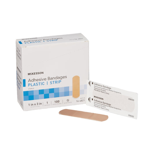 Adhesive Strip McKesson 1 X 3 Inch Plastic Rectangle Tan Sterile, Packaging Type- Box