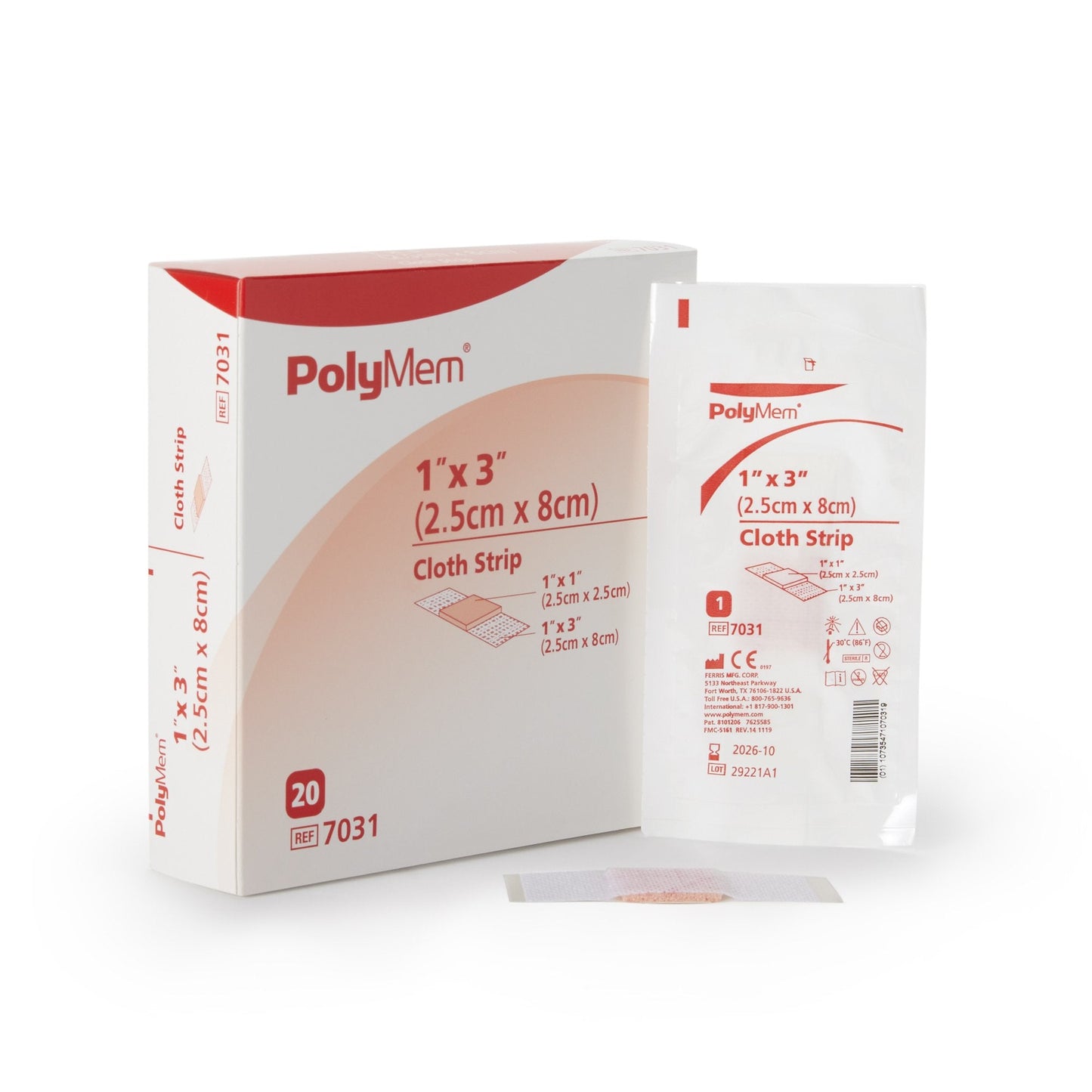 Adhesive Strip PolyMem 1 X 3 Inch Polyurethane / Film Rectangle Pink / White Sterile, Packaging Type- Each