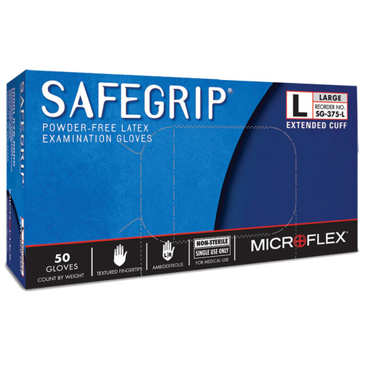 Exam Glove SafeGrip Large NonSterile Latex Extended Cuff Length Textured Fingertips Blue Chemo Tested