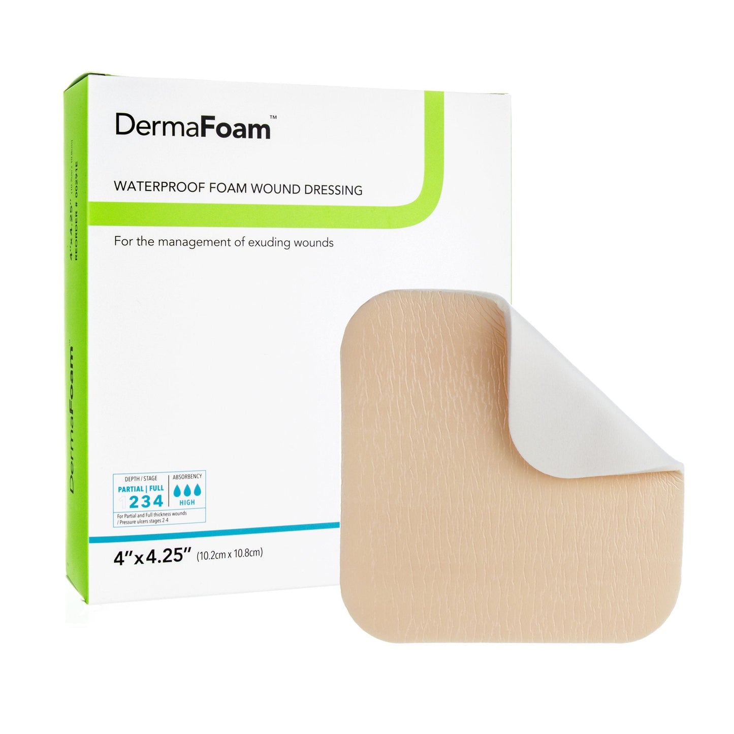 Foam Dressing DermaFoam 4 X 4-1/4 Inch Without Border Waterproof Backing Nonadhesive Rectangle Sterile,  Packaging Type- Each