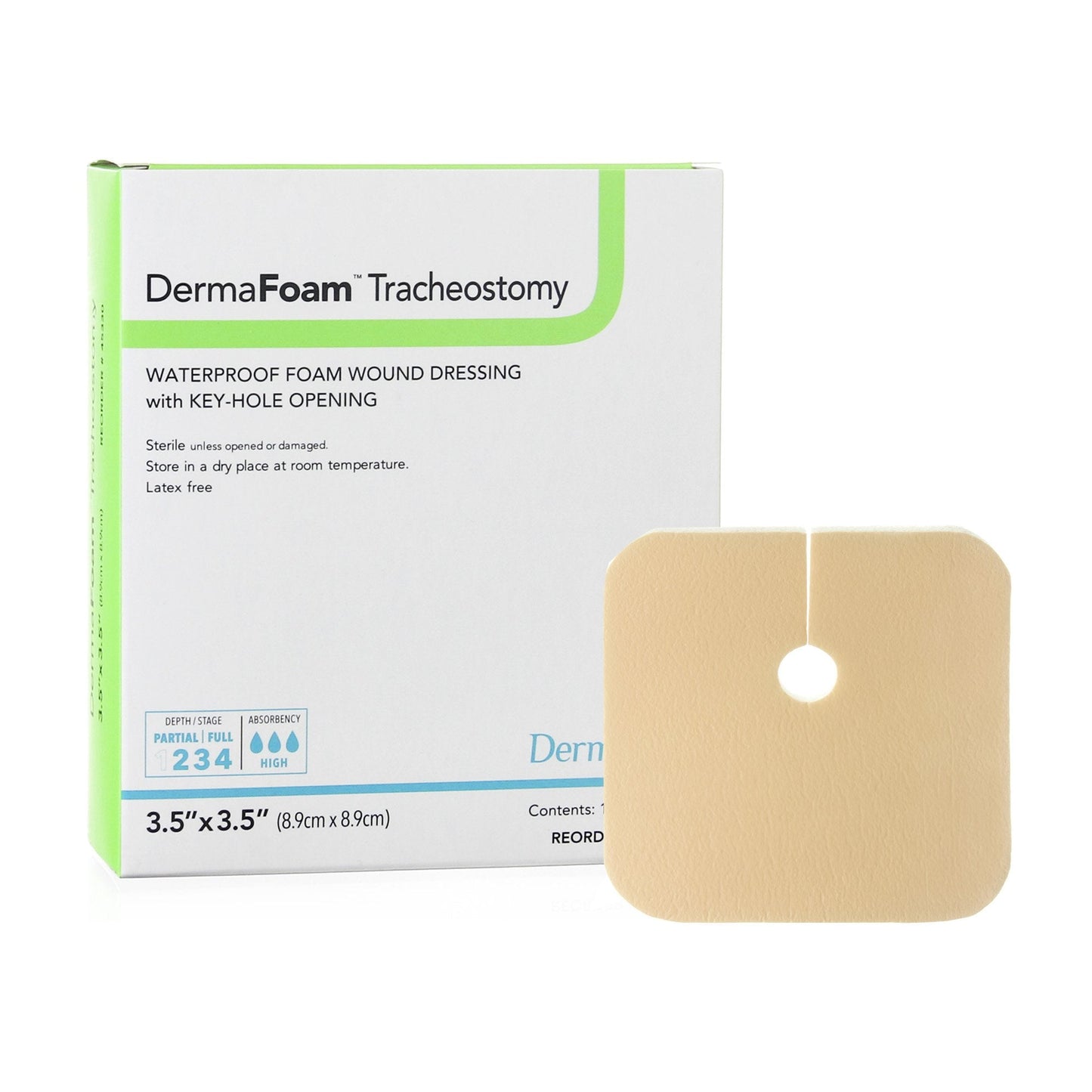 Foam Dressing DermaFoam Tracheostomy 3-1/2 X 3-1/2 Inch Without Border Waterproof Backing Nonadhesive Fenestrated Square Sterile,  Packaging Type- Each