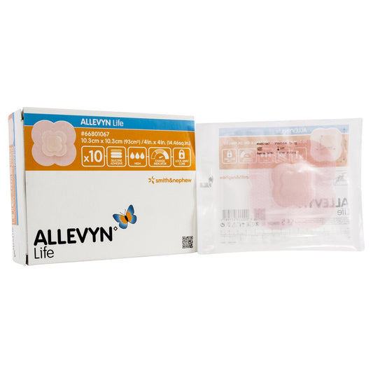 Foam Dressing Allevyn Life 4 X 4 Inch With Border Film Backing Silicone Gel Adhesive Quadrilobe Sterile,  Packaging Type- Box of 10