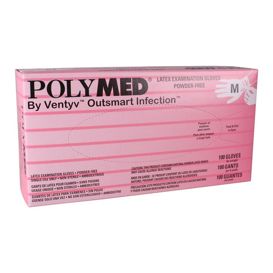 Exam Glove Polymed Medium NonSterile Latex Standard Cuff Length Fully Textured Ivory Not Rated, Packaging Type- Box